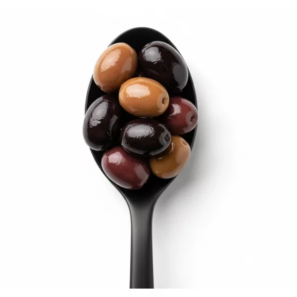 close-up of glossy mixed Kalamata olives on a black spoon