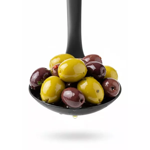 mixed marinated olives in black serving spoon