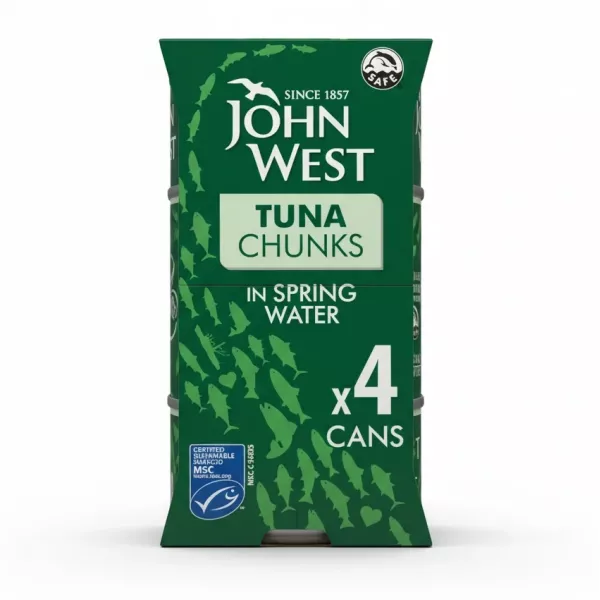 Pack of four John West Tuna Chunks cans in green packaging