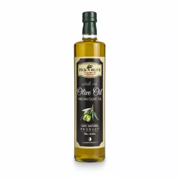 750ml bottle of Pick N Olive Virgin Olive Oil with label showing Algerian origin