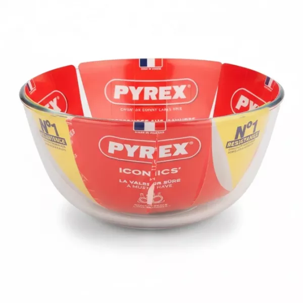 Pyrex Iconics clear glass mixing bowl with label inside