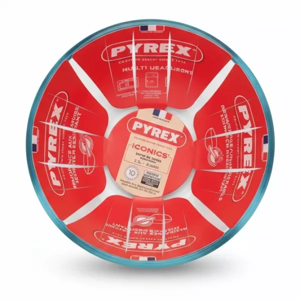 Top view of Pyrex Iconics glass mixing bowl showing label