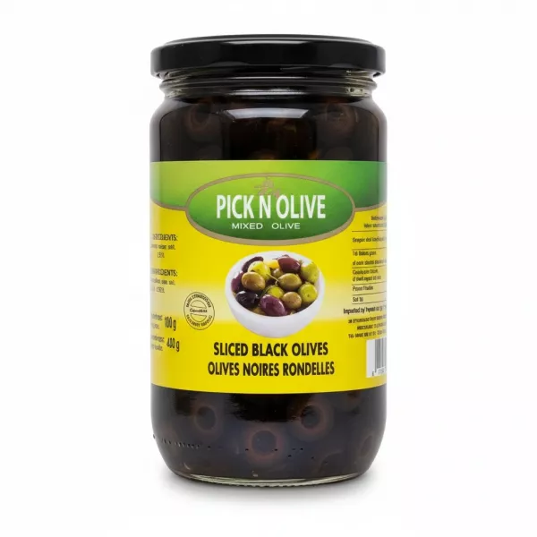Jar of Pick N Olive sliced black olives with yellow and green label