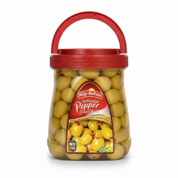 Jar of Köy Sefası green olives stuffed with red pepper