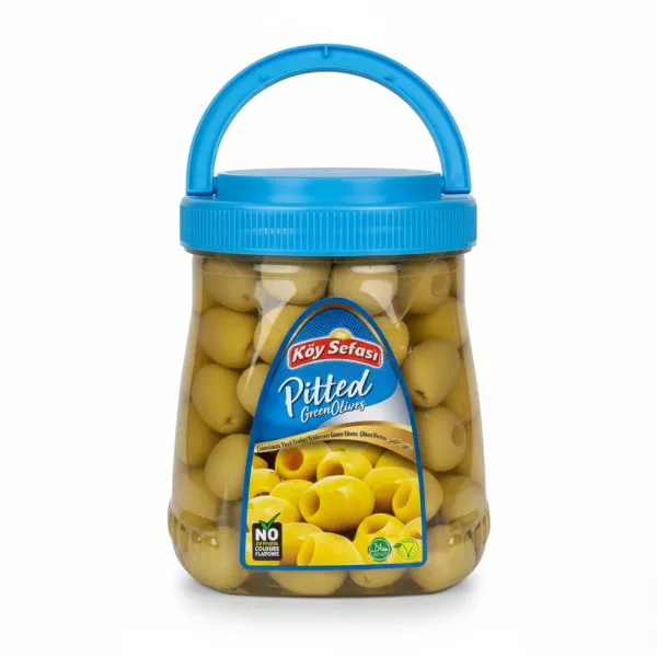 Jar of pitted green olives with blue lid and handle