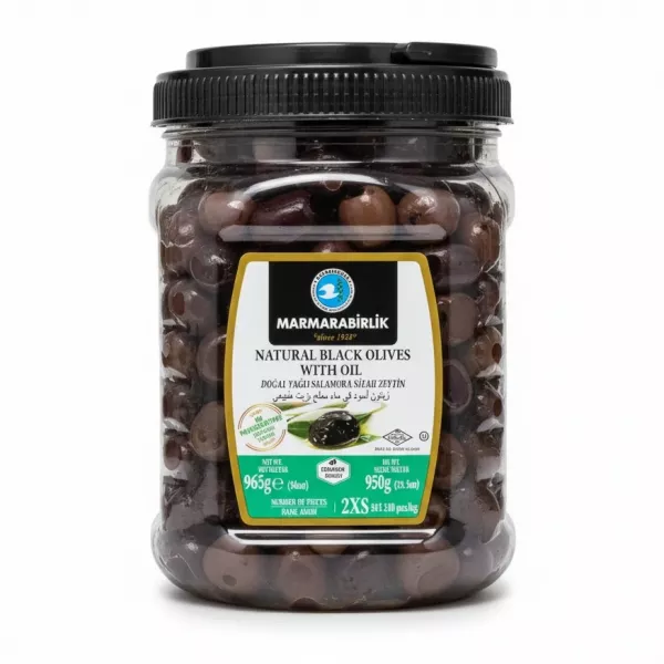 Jar of Marmarabirlik natural black olives with oil