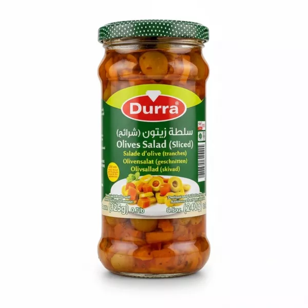 Jar of Durra sliced olives salad with carrots and chilli in sunflower oil