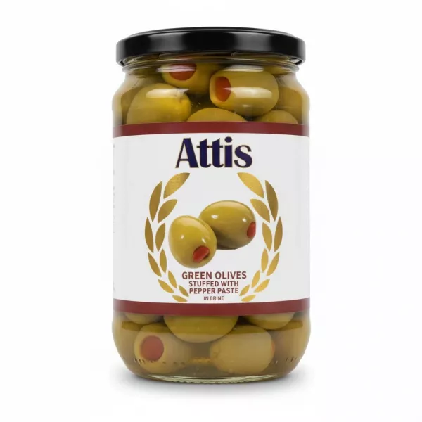 Jar of Attis green olives stuffed with red pepper paste