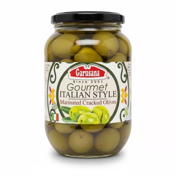 Jar of Garusana Gourmet Italian Style Marinated Cracked Green Olives
