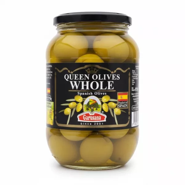 Jar of Garusana Queen whole Spanish olives with black label