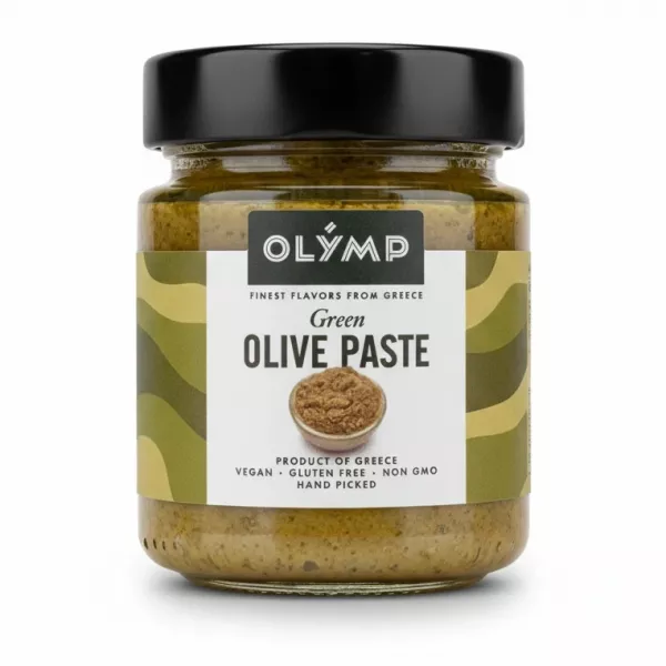 Jar of Olymp green olive paste with black lid