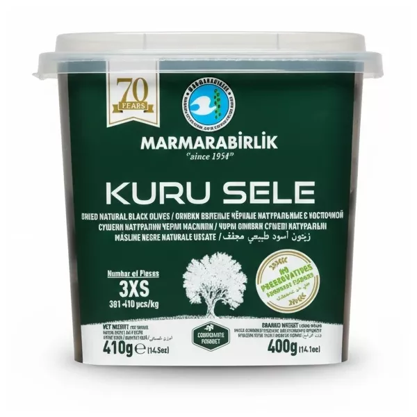 Plastic tub of Marmarabirlik dried natural black olives with clear lid