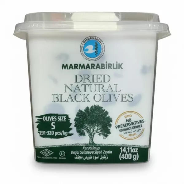 Marmarabirlik dried natural black olives 400g tub front label