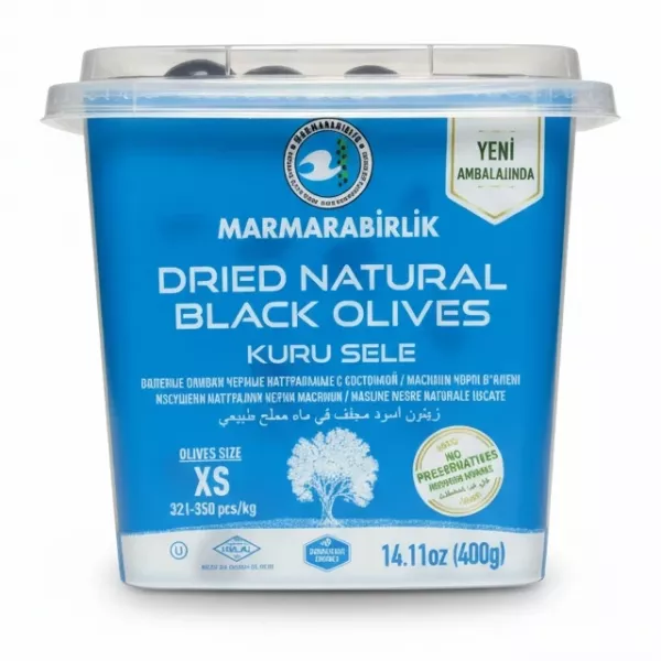 Pack of Marmarabirlik dried natural black olives in blue container