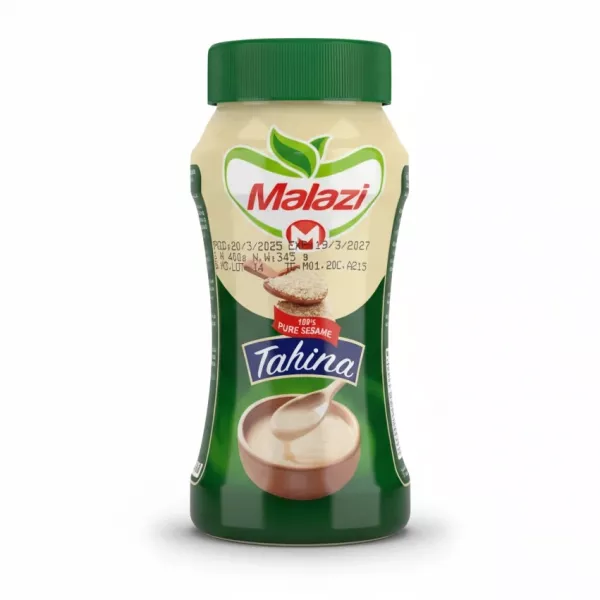 Malazi Tahina jar with green lid and label featuring sesame seeds and tahini dip