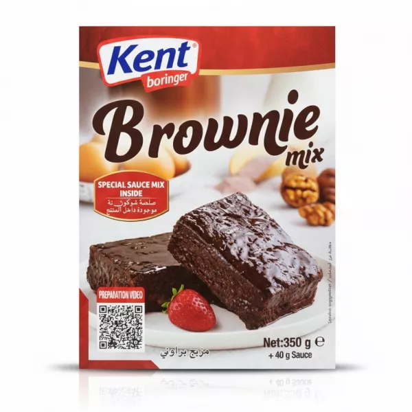 Kent Boringer Brownie Mix box front with picture of chocolate brownies and strawberry