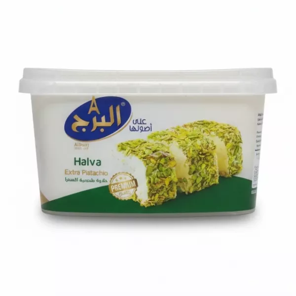 Alburj Halva Extra Pistachio tub showing pistachio-coated halva slices