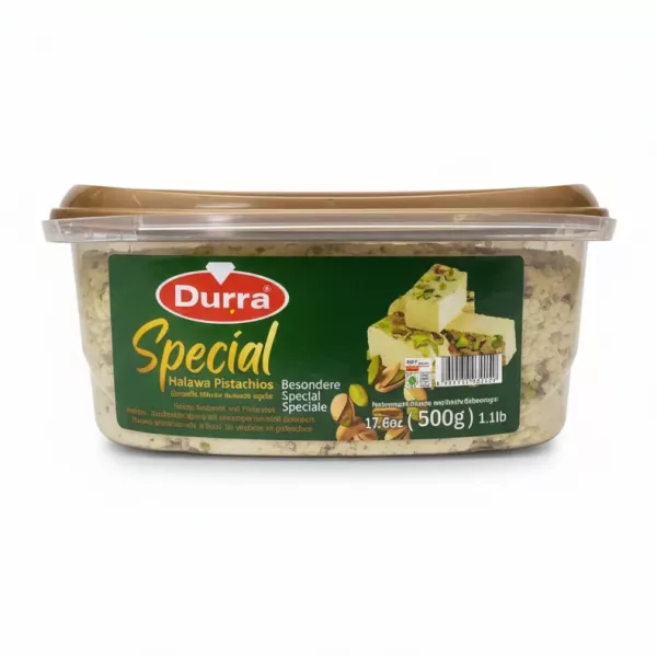 Durra Special Halawa Pistachios in rectangular plastic tub