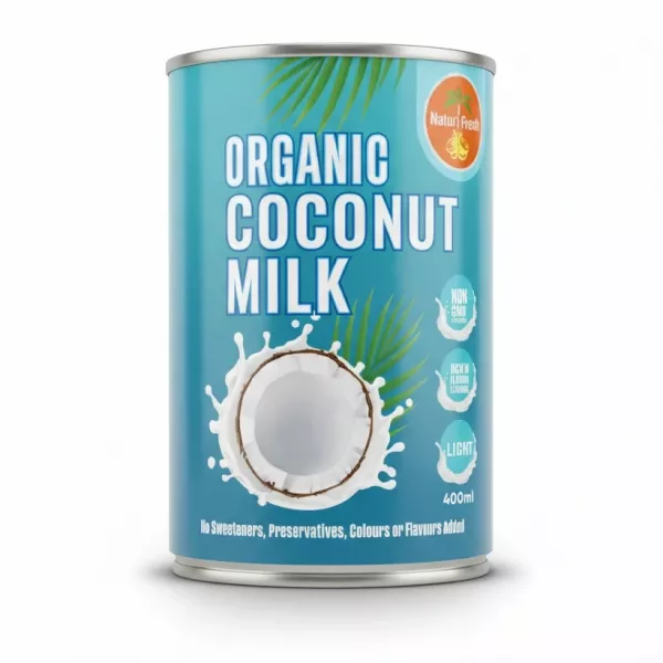 Can of Naturi Fresh organic coconut milk with coconut splash design