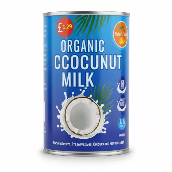 Can of Naturi Fresh Organic Coconut Milk with blue label and coconut image