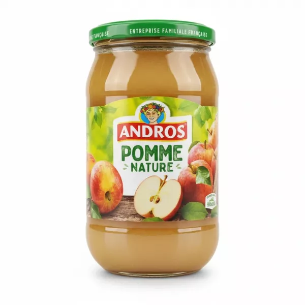 Glass jar of Andros Natural Apple Puree with green lid and label showing ripe apples