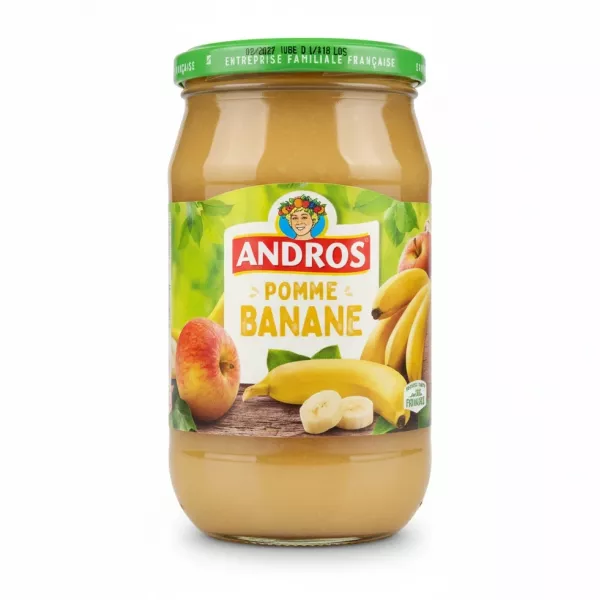 Glass jar of Andros apple banana fruit purée with labelled lid