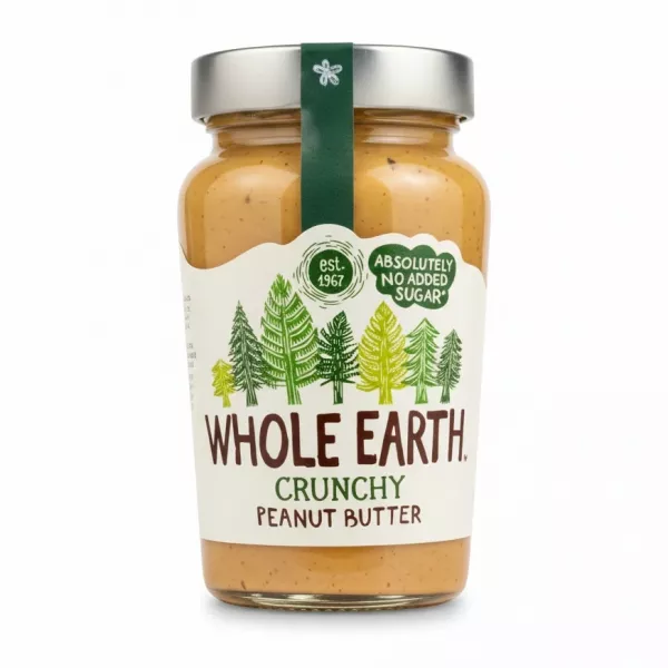 Jar of Whole Earth Crunchy Peanut Butter with label showing no added sugar