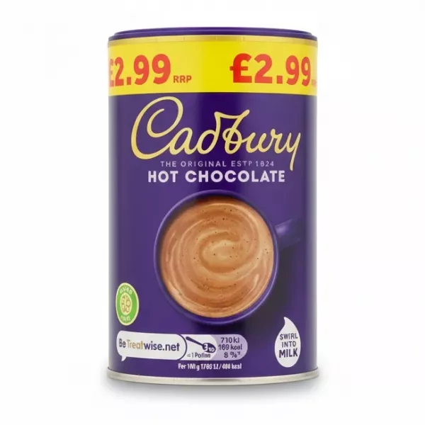 Cadbury Hot Chocolate powder container with purple label
