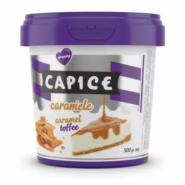 Side view of Caprice caramel toffee tub showing ingredients and product label