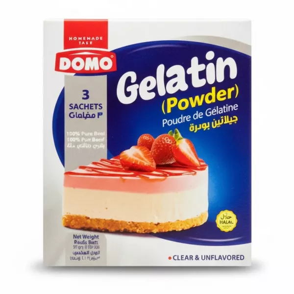Domo Gelatin Powder box front view showing dessert image