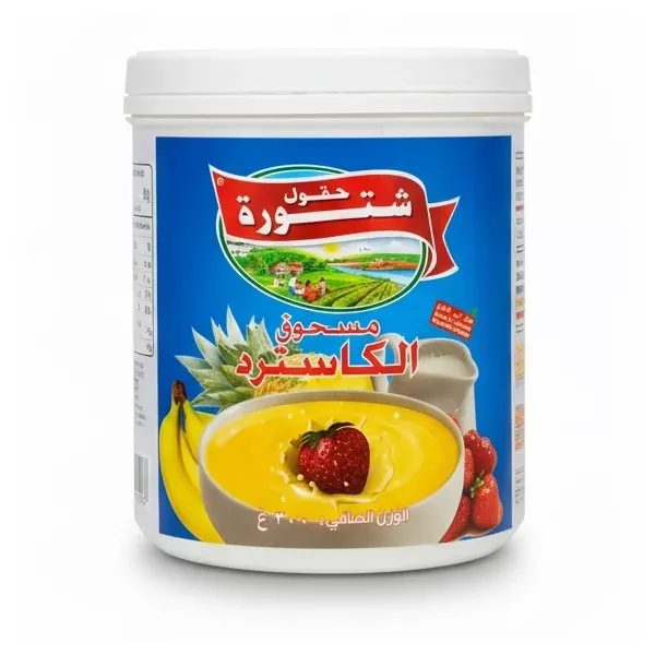 Chtoura Fields Custard Powder vanilla pudding container with fruit decoration on a white background