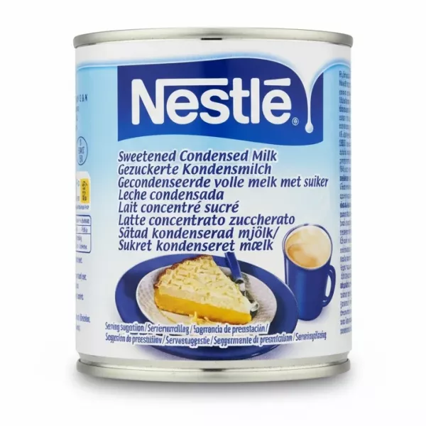 Nestlé brand sweetened condensed milk can front label with pie and coffee image