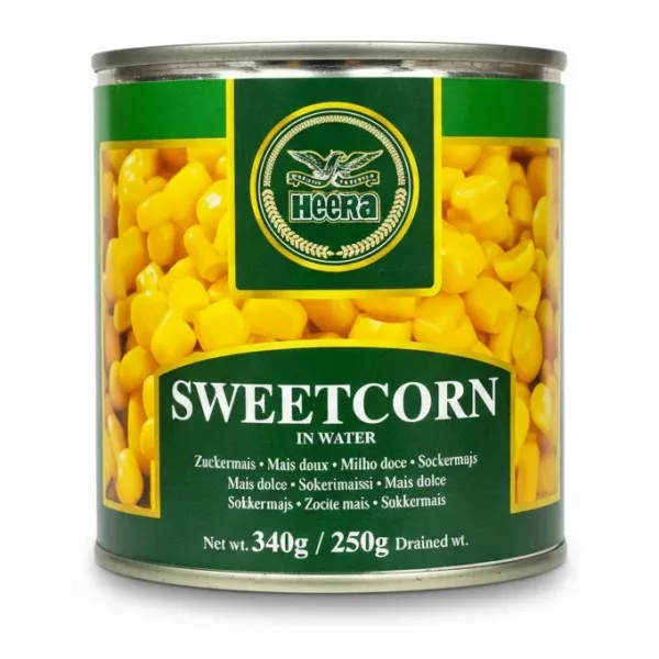 Can of Heera Sweetcorn in water with green label showing corn kernels