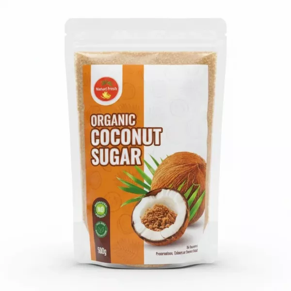 Front packaging of Naturi Fresh organic coconut sugar 500g pouch