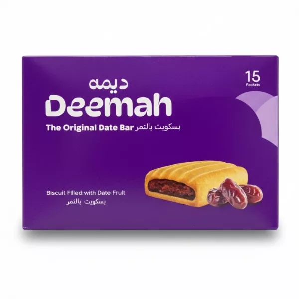 Deemah Original Date Bar purple box with biscuit and dates illustration