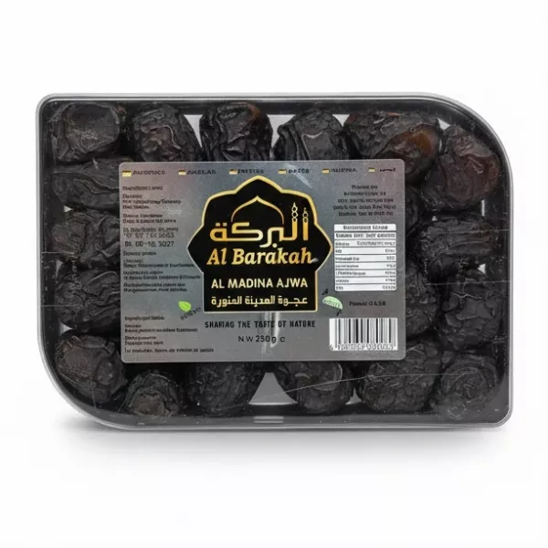 Pack of Al Barakah Al Madina Ajwa dates in a transparent box