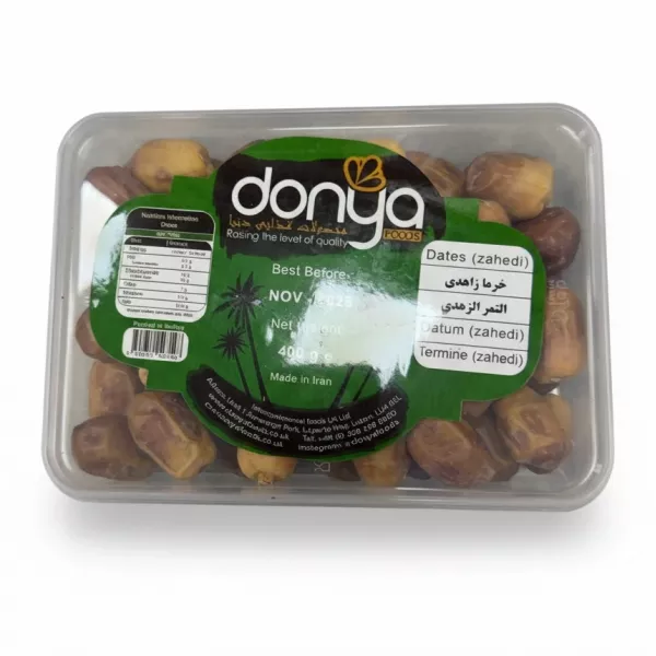 Plastic container filled with Donya Foods Zahedi Dates