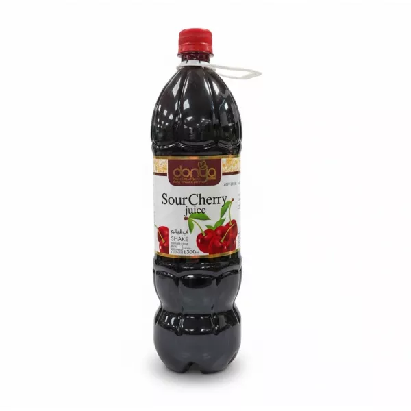 Bottle of Donya sour cherry juice with red cap and cherry graphics on label
