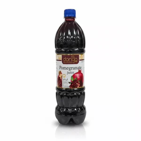 Full bottle of Donya Pomegranate Juice with label showing fruit images
