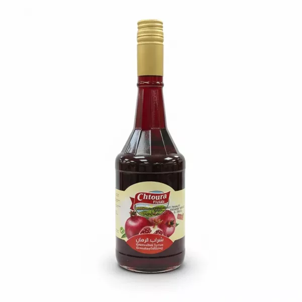 Bottle of Chtoura Fields Grenadine Syrup with gold cap and pomegranate label