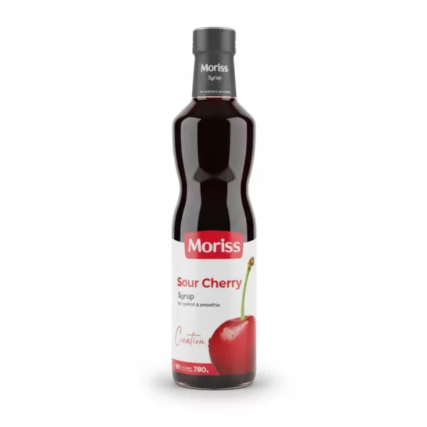 Bottle of Moriss Sour Cherry Syrup with cherry illustration