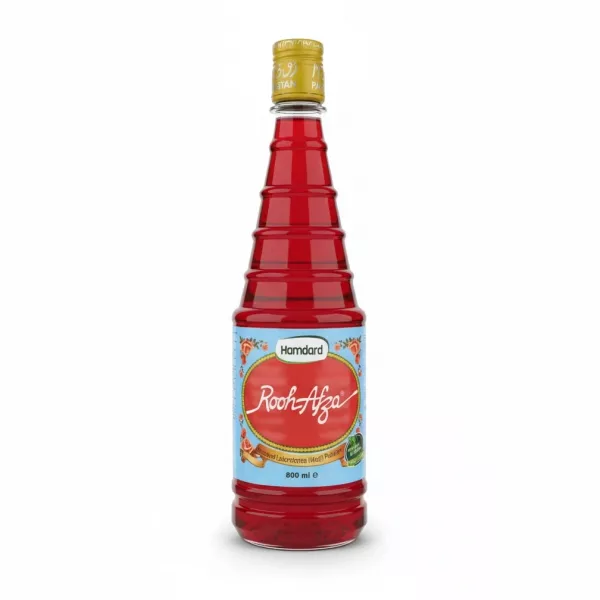 Hamdard Rooh Afza syrup bottle front view with label