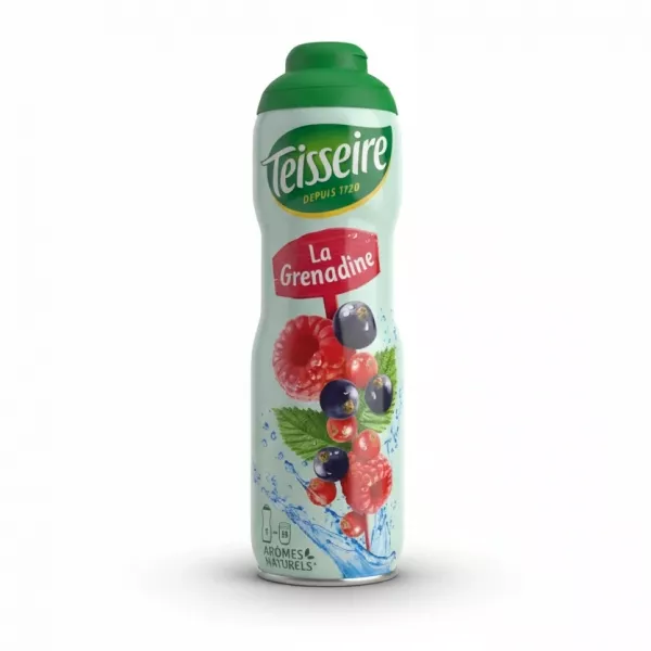 Teisseire La Grenadine syrup bottle with green cap showing red berries splash