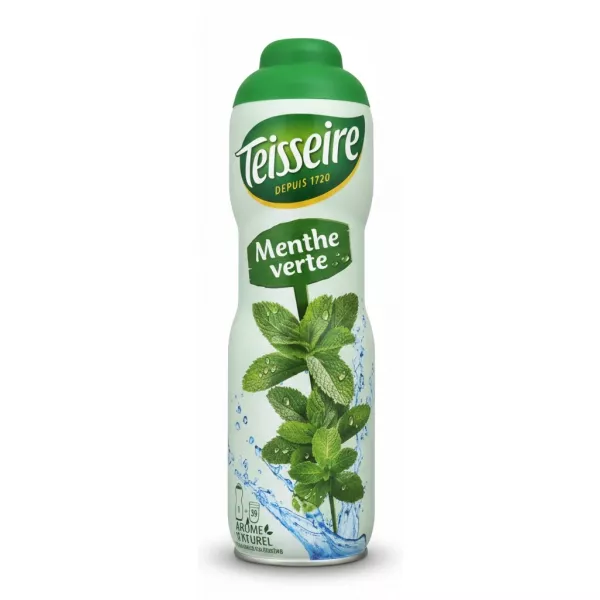 Teisseire Green Mint Syrup bottle front view with mint leaves and splash design
