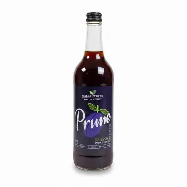 Bottle of James White Classic Prune Juice front label