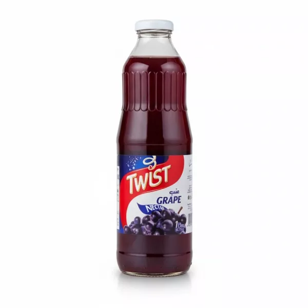 Glass bottle of Twist grape nectar drink front view
