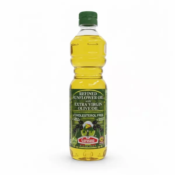 Bottle of Garusana refined sunflower oil blended with extra virgin olive oil