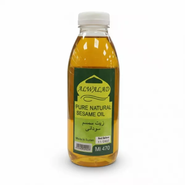 Bottle of Alwalad pure natural sesame oil with yellow-green label