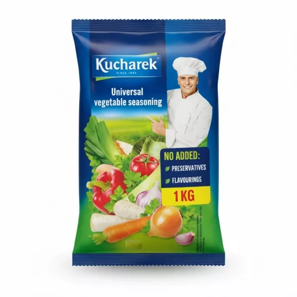 Kucharek blue and green packet of universal vegetable seasoning with chef illustration