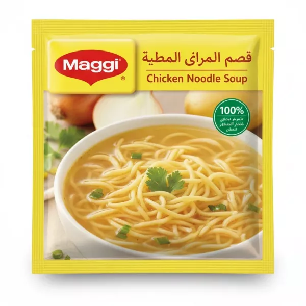 Pack of Maggi Chicken Noodle Soup showing a bowl of soup with noodles on a white background